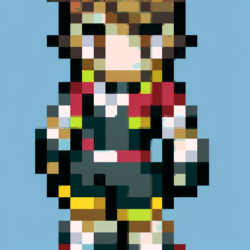 Wavy light blonde hair, purple eyes, orange jacket with bluish-green accents, grey pants, dark grey and orange shoes, vibrant sRGB pixel art style with meticulous pixel placement to match reference