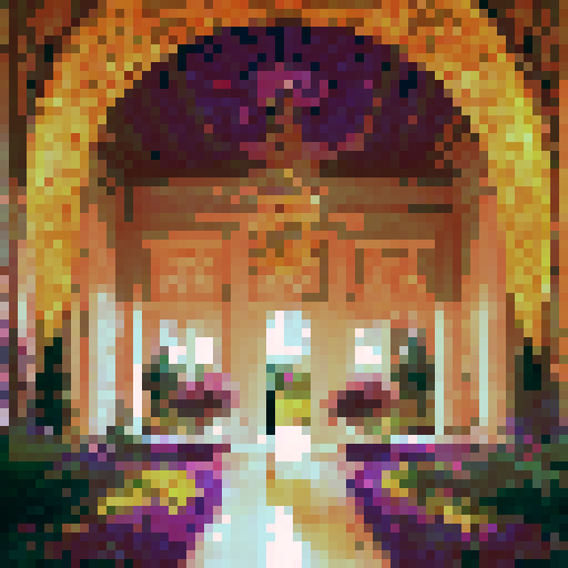 "Vibrant, intricate, Mughal-inspired palace garden with exotic flowers, glistening fountains, and peacocks strutting amongst the marble archways, as the royal family enjoys a lavish feast on intricately decorated golden thrones."