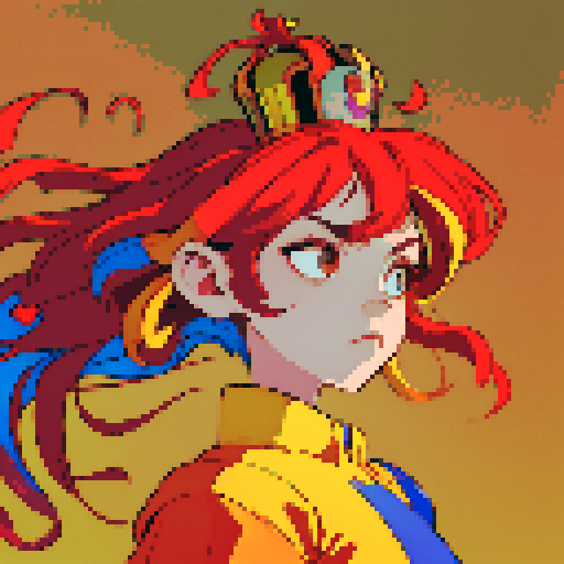 red, yellow, and blue pixelized monster with spider legs at the bottom, a golden heart as its torso, and a crown on top, all against a tri-color background, created in a 2D pixel art style reminiscent of futurism