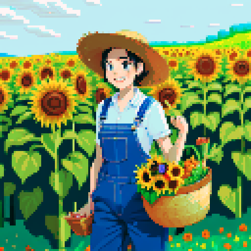 happy, female male farmer in pixel art style, black hair, surrounded by vibrant green fields, wearing worn-out denim overalls and a straw hat, holding a basket full of freshly harvested carrots and a bouquet of sunflowers, with a content smile on his face, standing next to a rustic wooden cart filled with colorful fruits and vegetables
