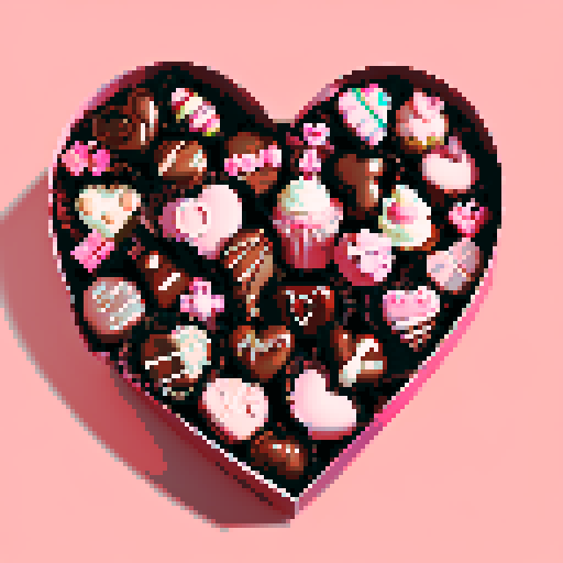 Box of Valentine's Day chocolates, shaped like cupcakes and hearts with intricate details such as pink frosting and decorative toppings. Charming and romantic theme
