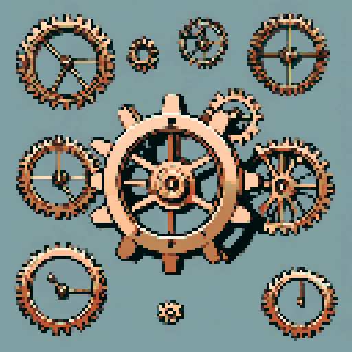 I want a copper gear that looks like it was made by a master clockmaker. It should have strange mechanical details that could interlock with each other. I also want this object usable an asset in a videogame, meaning only one object per image, outlined with a strong black stroke, on a solid-color background.