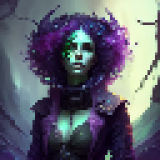 Goth girl with glowing green eyes, sitting in a dark forest surrounded by twisted trees and cauldrons, casting a spell with her hands covered in black lace gloves.