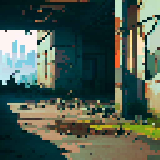 worn and weathered, industrial excavation building, rusty metal beams, cracked concrete walls, broken windows, pixel art