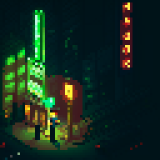 Green-suited detective, cigarette in hand, stands in a dark alleyway, illuminated only by the neon glow of a nearby sign, surrounded by towering skyscrapers and gritty, pixelated graffiti.