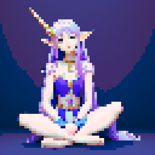 a purple and blue elf unicorn human hybrid creature sitting cross legged and taking a breathe in a tranquil way