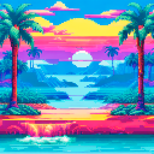 vibrant, 16-bit, Sega Genesis style palm trees swaying on a vaporwave beach with a golden sunset casting sRGB colors over the water