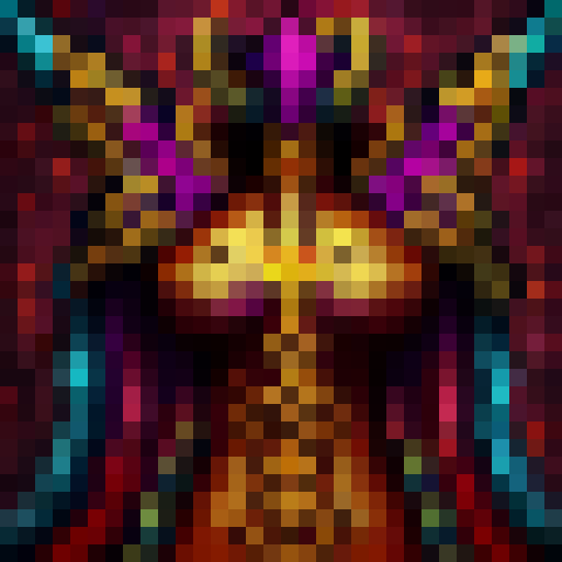 "Fiery phoenix maiden flaunts vibrant plumage in 32x32 pixelated glory, framed by intricate gold filigree and surrounded by flickering flames in a skillful art style."