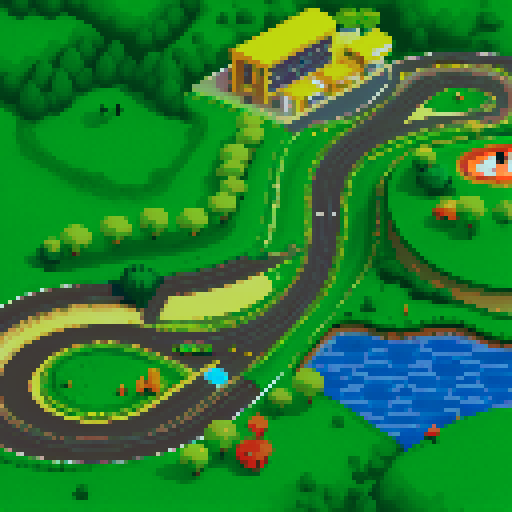 Racetrack circuit, hills with eyes, green, happy