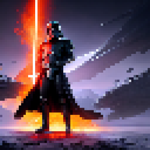 Putin, a Sith Lord with a flowing black cloak, wields a crimson lightsaber amidst a fiery battle on a volcanic planet, surrounded by legions of stormtroopers and an army of alien creatures.