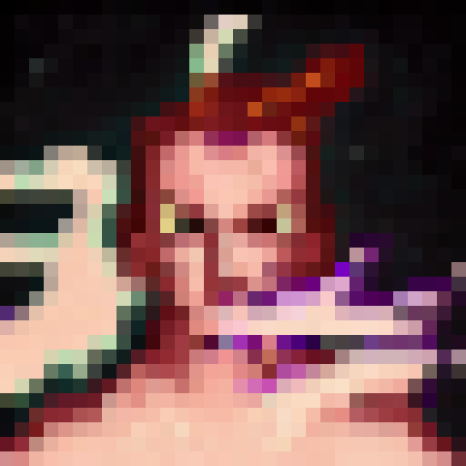 "32x32 pixelated avatar hero wielding a glowing sword, charging towards a menacing dragon amidst a stormy, purple-hued sky."