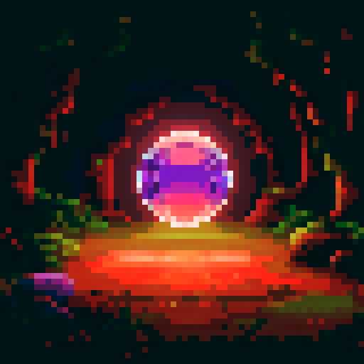 Magical room with a glowing crystal ball, vibrant colors, pixelated art, detailed background, enchanting landscape