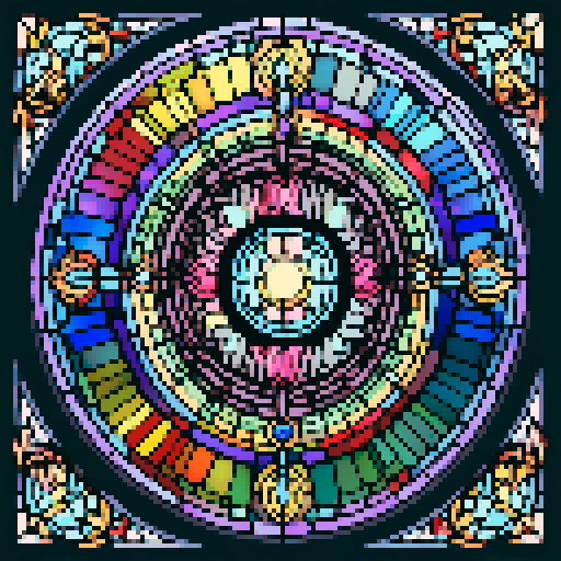 I want a beautiful circular stained glass window in all the colors of the rainbow. It should be simple, having no more than 10 glass segments total. I want this object usable an asset in a videogame, meaning only one object per image, outlined with a strong black stroke, on a solid-color background.