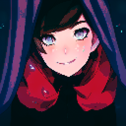 A brown-haired girl with brown eyes smiles as she stands amid blue curtains in a black dress and floating cherry blossom petals