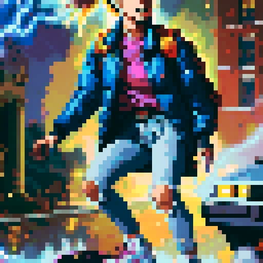 8-bit style portrait with vibrant, retro colors, showcasing a pixelated character in a dynamic pose against a black background, reminiscent of classic video games
