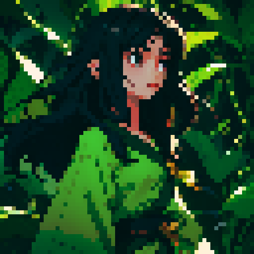 Young woman, black long hair, green Thai costume, small chest, dark night time, banana forest background