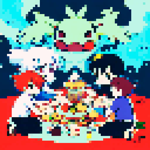 A group of friends having a picnic with Pokemon around.