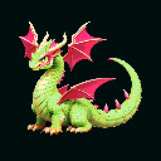 A majestic, fully grown dragon with gleaming scales and powerful wings. It has a wise and regal expression, with large horns and a long, spiked tail. Its eyes are filled with ancient knowledge, and it exudes an aura of strength and authority. No background.

