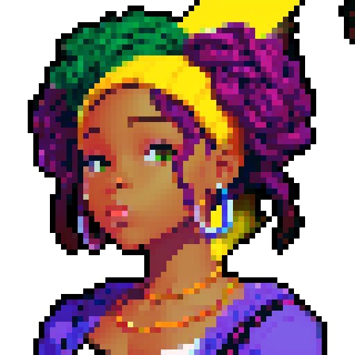 portrait, sprite art, eccentric young woman, african american, casual, cozy