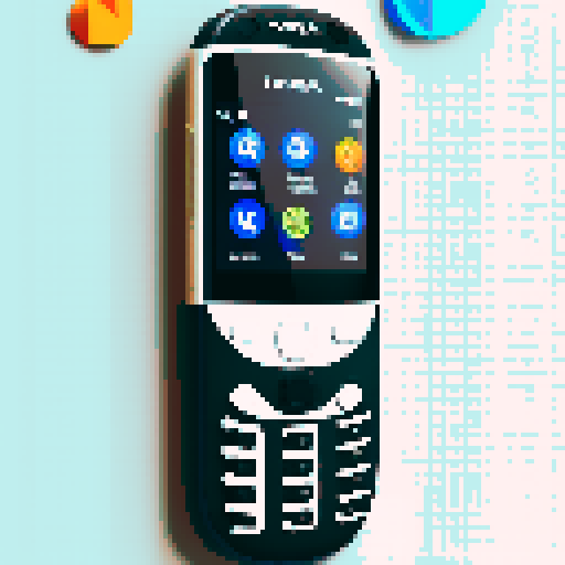 Retro Nokia 3310, with chunky buttons, monochrome screen, and curved edges, surrounded by colorful pixelated icons of text messages, calls, games, and snake