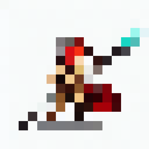 Flaming lance held high, fierce hero charges forward with determined eyes, surrounded by vibrant flames, in 16x16 pixel art style for a game icon close-up portrait