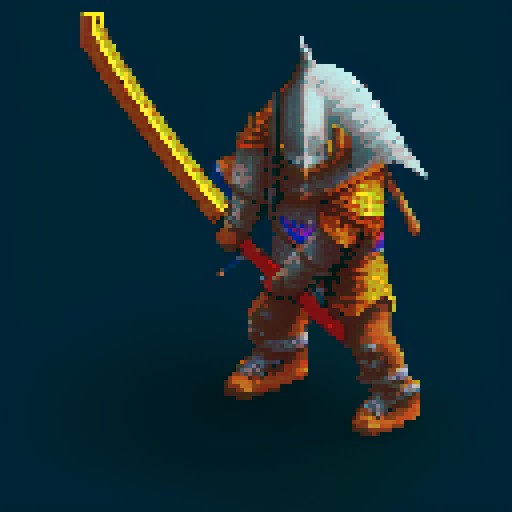 pixel art picture of a human male knight swinging a great sword with both hands, vibrant colors, detailed shading, and smooth lines, heavy armor, combat stance, muscular build, armored helmet, deep red and gold armor, detailed sword, detailed shading, smooth lines