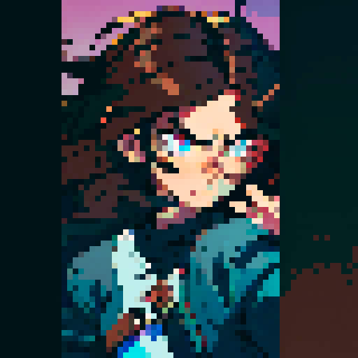 long brown haired man, disheveled appearance, wide-eyed, frenetic energy, dilated pupils, sleep-deprived, dark circles under eyes, animated expressions, exaggerated hand gestures, vibrant colors, jagged edges, pixelated representation, 8-bit aesthetic, retro-inspired, sRGB color palette