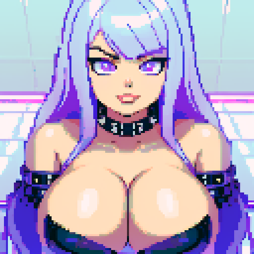 curvy, busty goth babe with studded collar. Nude big titty goth, in a close up nude glamour shot. Neon lighting, modern tile backsplash.