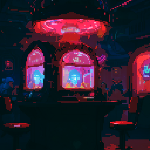 Tavern, neon lights, robotic bartender, holographic menu, retro arcade games, futuristic patrons, pixelated characters, vibrant colors, glowing cocktails, futuristic furniture