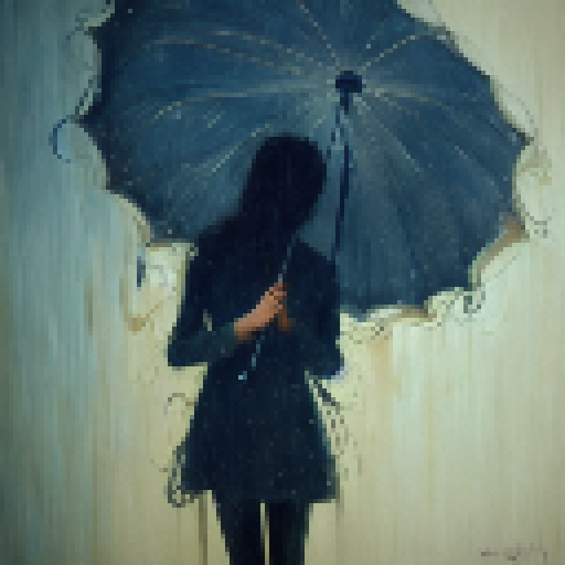 abstract concept art, art nouveau,impressionism,illustrious ,rainyday,umbrella 18 yo girl looking wet flower,black hair