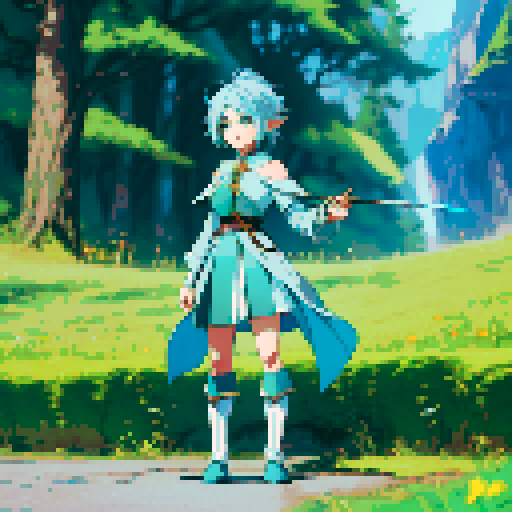 a light blue hair colored elf girl with green eyes, job class mage, age 16 , standing ,holding wood wand