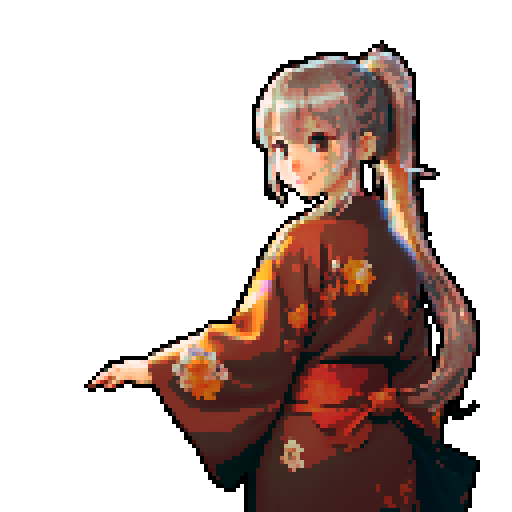 best quality, ultra-detailed, high resolution, extremely detailed cg,unity 8k wallpaper, digital art,high quality,1girl,long hair,silver brown hair,ponytail,kimono,cyberpunk clothes,brown kimono,futuristic,neon lights,cityscape,night sky,2fish,goldfish,metallic fish,flying fish,cyberpunk fish,propeller,tail fin,wings,antenna,eye,glowing,smiling,looking at fish,