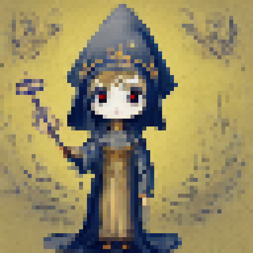 Chibi nun with holy staff surrounded by glowing runes, banishing demon with a spell in whimsical Fantasy RPG style.