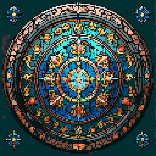 I want a beautiful circular stained glass window framed in copper with rivets around the edge. I want this object usable an asset in a videogame, meaning only one object per image, outlined with a strong black stroke, on a solid-color background.
