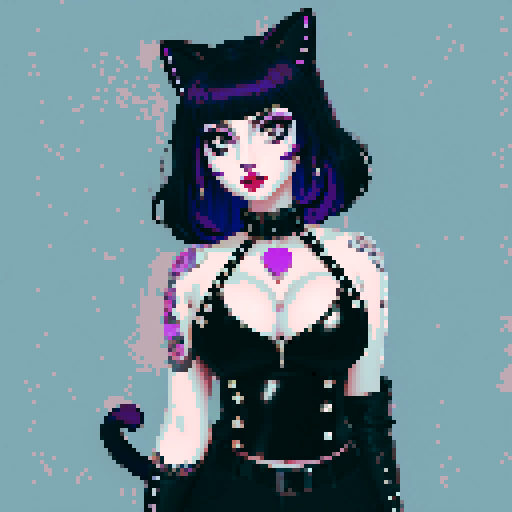 curvy, cute busty greaser goth girl's face, goth cat girl, whole head portrait, black hair, purple eyeshadow, red lipstick, low cut black studded leather halter top, studded collar, game avatar portrait, vibrant sRGB colors