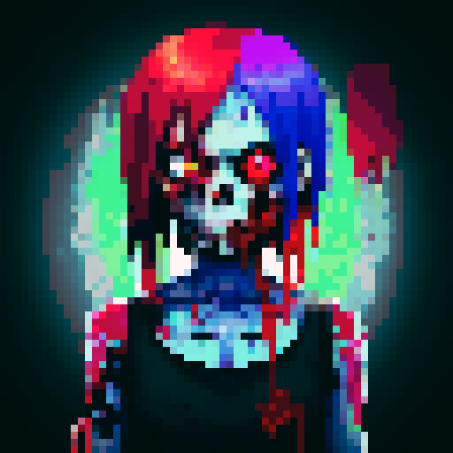 zombie, decaying flesh, bloodshot eyes, tattered clothing, pixelated, vibrant colors, eerie glow