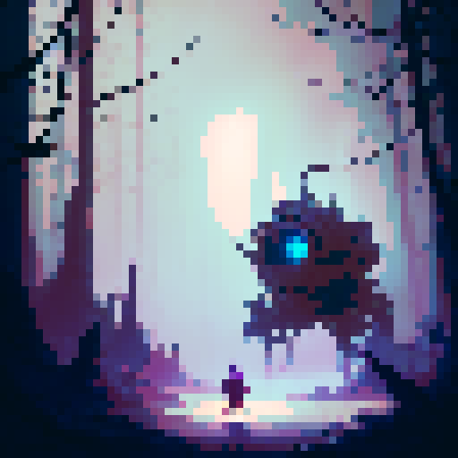 Goblin peering through the misty forest, holding a rusted lantern and wearing a tattered cloak, surrounded by twisted trees and glowing mushrooms in a whimsical art style.