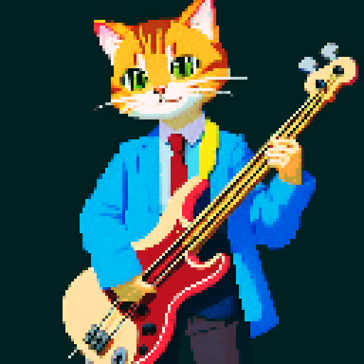 cat playing bass, meme style, pixel art, sRGB
