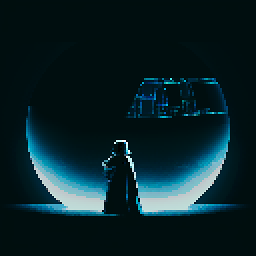 pixel art, sRGB, Darth Vader, dark and obscure, deformations, detailed lighting, cinematic aspects, Death Star, 4k/8k quality