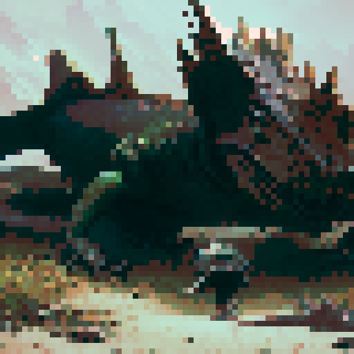 Lizard with sharp teeth and dark brown scales, crawling on the ground, rpg enemy sprite, in a cloudy looking field