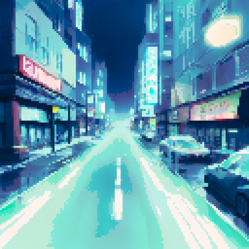 dark night, glowing gas pumps, flickering neon sign, empty parking lot, towering city skyline, distant headlights, reflections on wet pavement, abandoned car, misty streetlights, illuminated storefronts, lonely figure, rain-soaked windows, hazy atmosphere