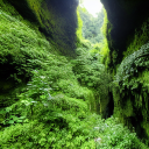 Large green jungle in a massive underground cave