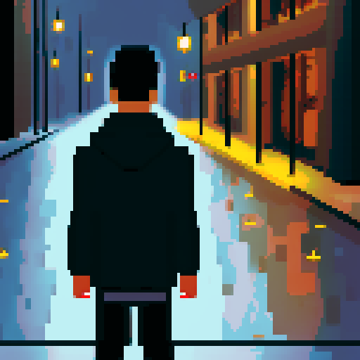 lonely boy, rainy wet street, guitar, bottle of wine, pixel art