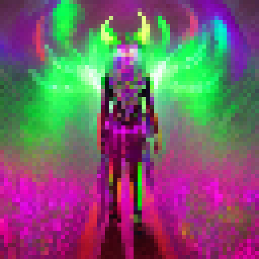 Shaman, psychedelic body suit, neon colors, DMT elves, otherworldly landscape, digital art.