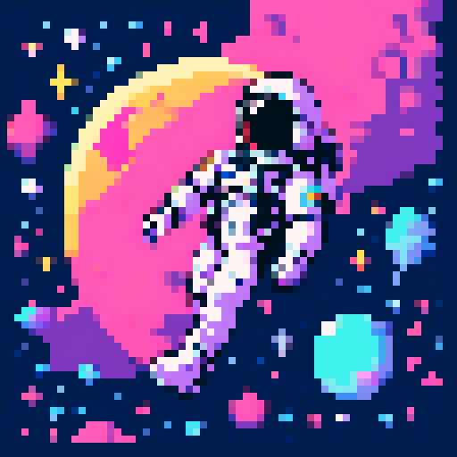 astronaut floating in zero gravity, vibrant colors, blocky pixels, retro video game, 8-bit, space helmet, space suit, stars shining, celestial background, space shuttle, moon in the distance
