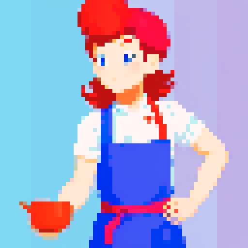 Cute, vibrant, playful chef, apron, appears to be juggling utensils but no utensils are in shot, pixel art, colorful, character facing forward as if looking at the camera, character looking up to the ceiling concentrating on juggling, no background, sRGB