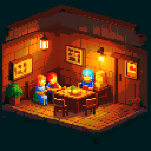 Cozy inn with dim lights and band of heroes sitting next to the table, pixel art 