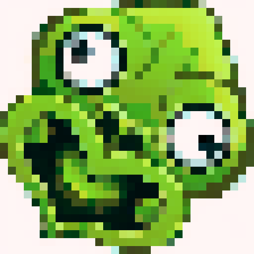 A twisted green Hei Tiki head, wide-eyed and contorted, exuding a mix of mischief and madness, stylized with bold lines and exaggerated features with dark brown tree bark background as a 32x32 pixel game icon, rendered with skillful pixel art in sRGB colors