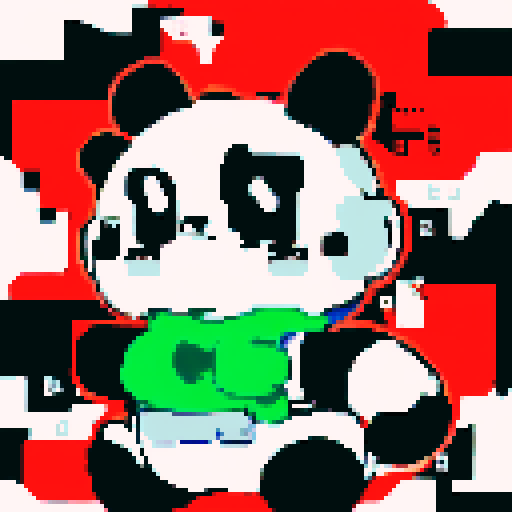 panda jumping, pixelated spritesheet, close-up of character's face, anime style, vibrant color palette