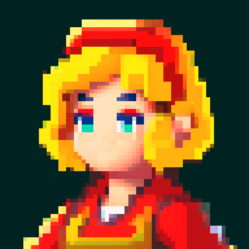 tavern keeper woman portrait, non-vibrant colors, retro video game style, intricate pixel art details, glum expression